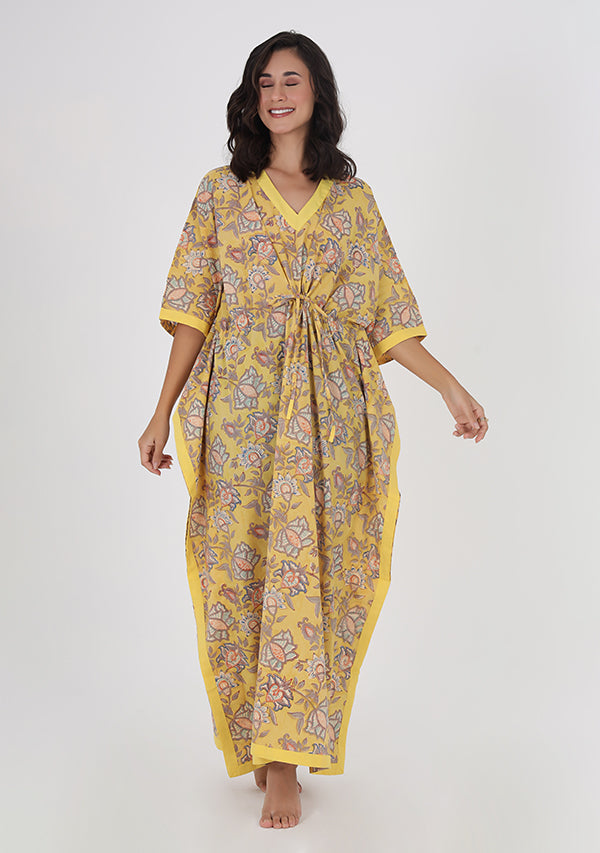 Yellow Grey Floral Hand Block Printed Tie-Up Waist Cotton Kaftan