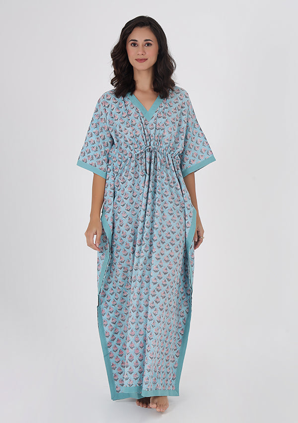 Blue Pink Flower Motif Hand Block Printed Tie-Up Waist Cotton Kaftan