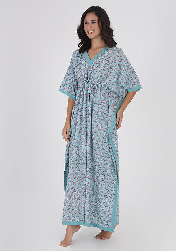 Blue Pink Flower Motif Hand Block Printed Tie-Up Waist Cotton Kaftan