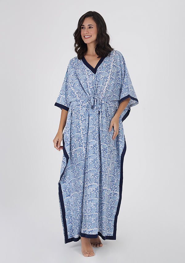 White Blue Floral Hand Block Printed Tie-Up Waist Cotton Kaftan