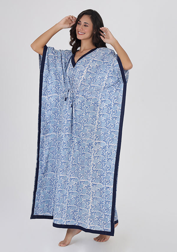 White Blue Floral Hand Block Printed Tie-Up Waist Cotton Kaftan