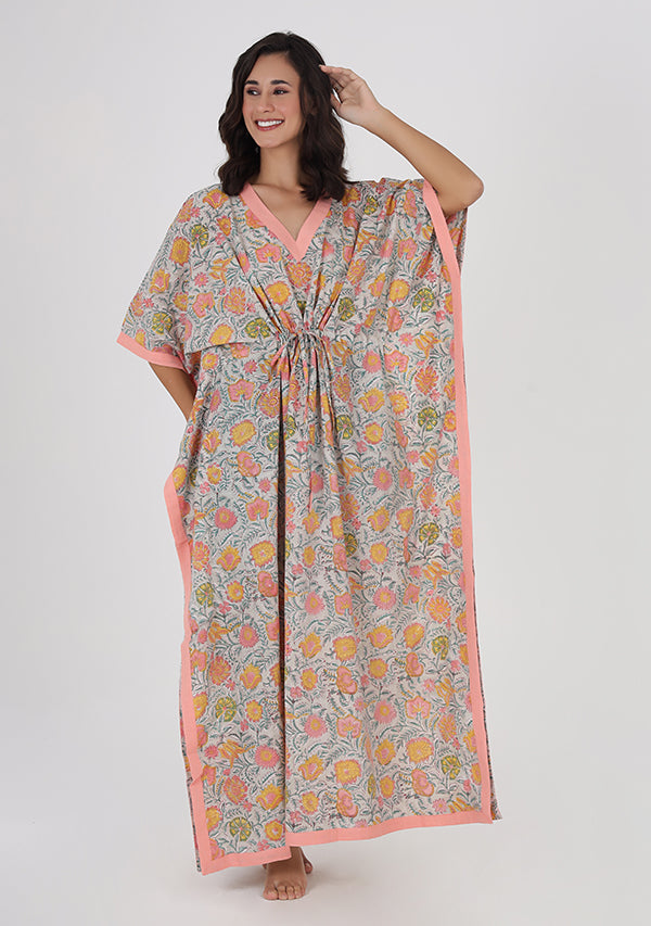 Grey Multicolor Floral Hand Block Printed Tie-Up Waist Cotton Kaftan