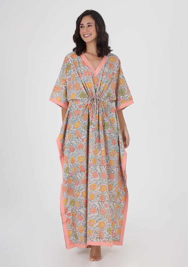 Grey Multicolor Floral Hand Block Printed Tie-Up Waist Cotton Kaftan