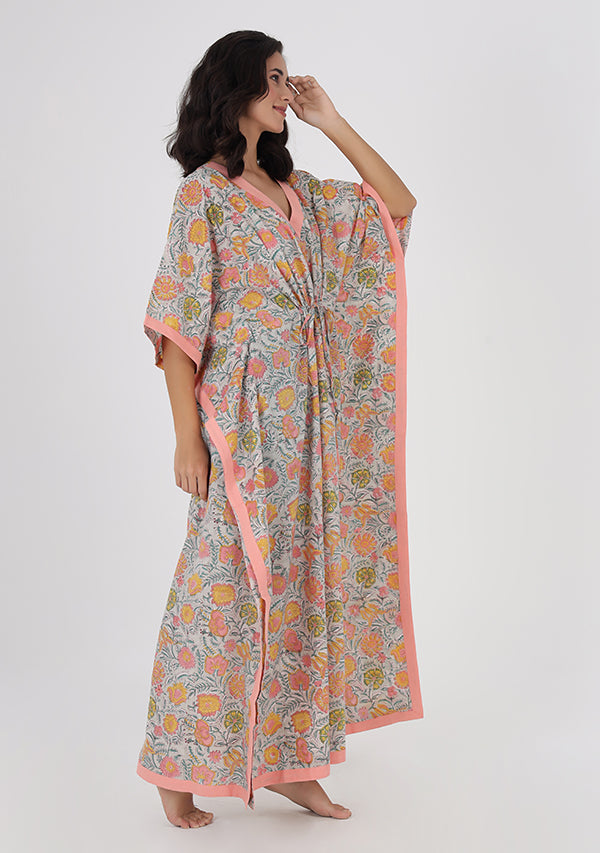 Grey Multicolor Floral Hand Block Printed Tie-Up Waist Cotton Kaftan