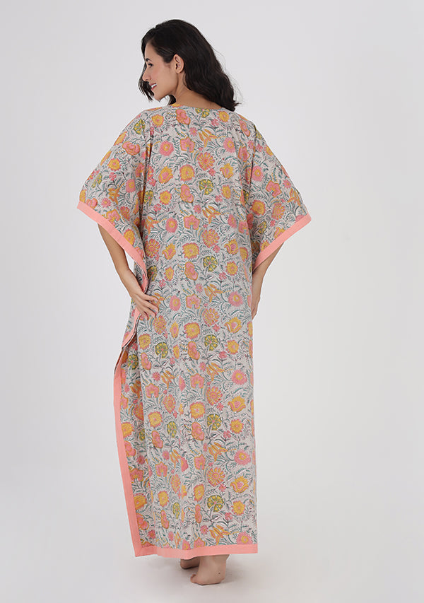 Grey Multicolor Floral Hand Block Printed Tie-Up Waist Cotton Kaftan
