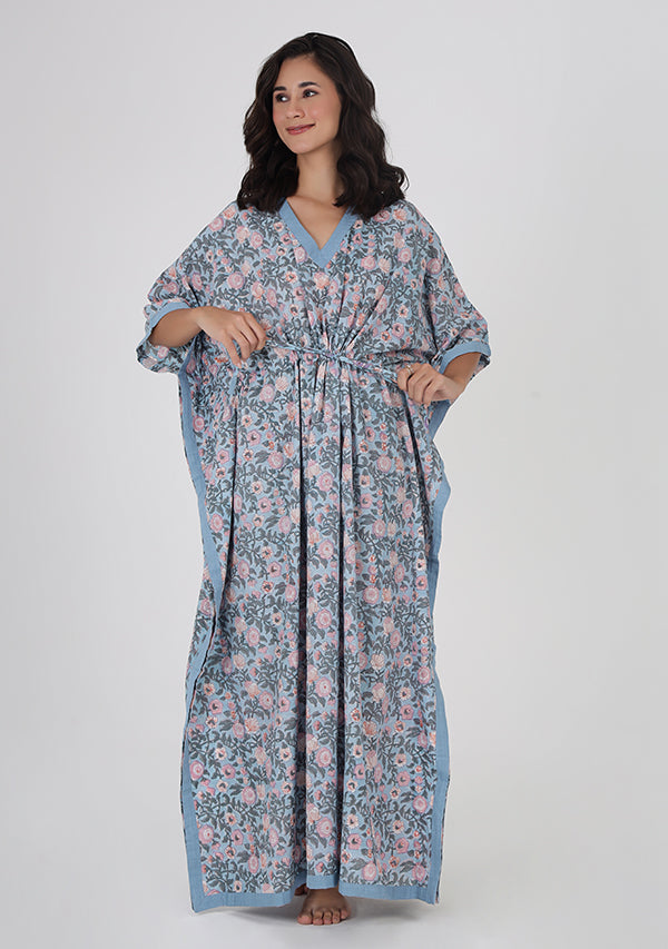 Blue Pink Floral Hand Block Printed Tie-Up Waist Cotton Kaftan