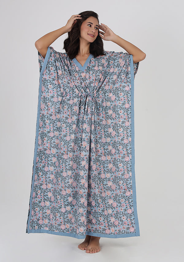Blue Pink Floral Hand Block Printed Tie-Up Waist Cotton Kaftan