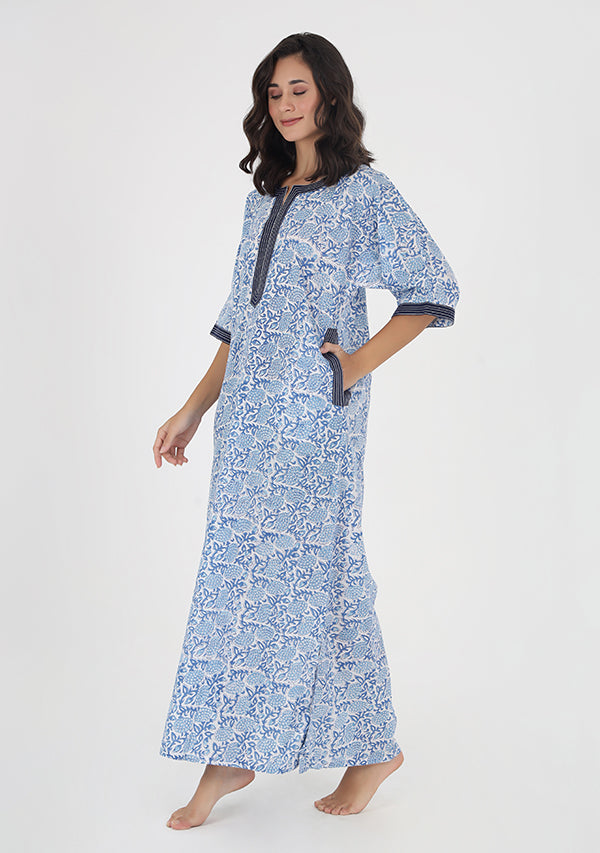 Blue White Floral Hand Block Printed Nighty Kaftan with Stitch Lines