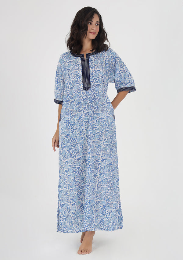 Blue White Floral Hand Block Printed Nighty Kaftan with Stitch Lines