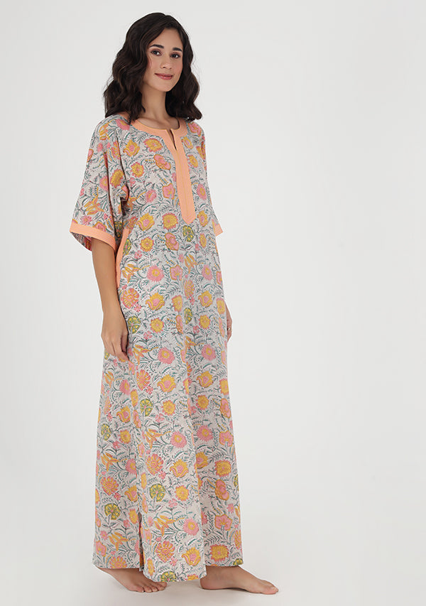 Grey Multicolor Floral Hand Block Printed Nighty Kaftan with Stitch Lines