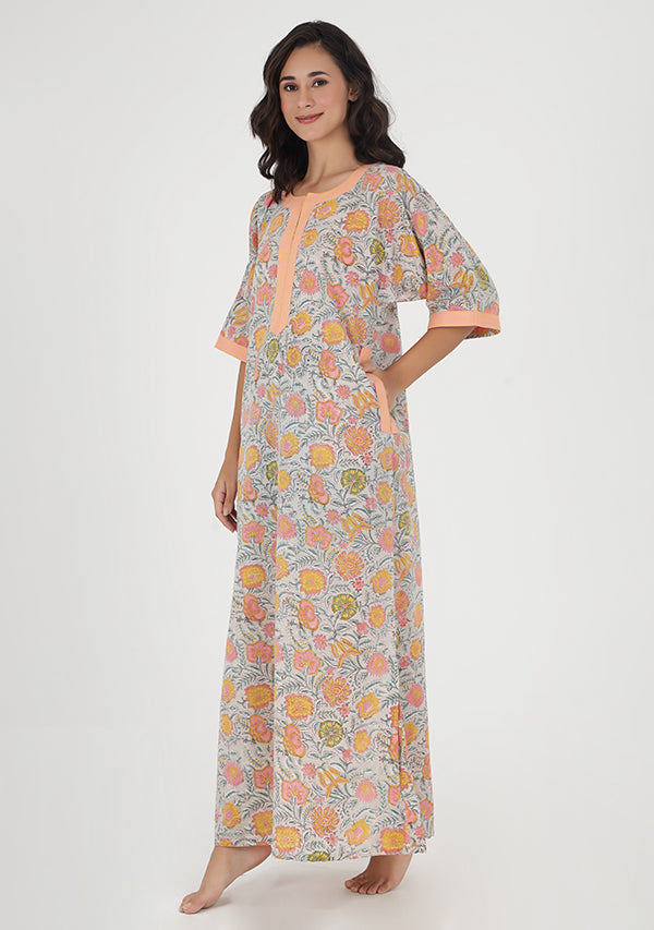 Grey Multicolor Floral Hand Block Printed Nighty Kaftan with Stitch Lines