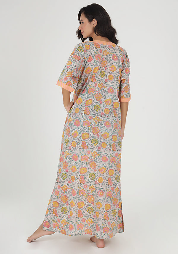 Grey Multicolor Floral Hand Block Printed Nighty Kaftan with Stitch Lines