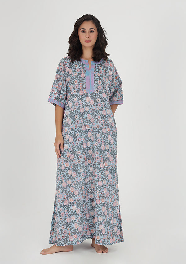 Blue Pink Floral Hand Block Printed Nighty Kaftan with Stitch Lines