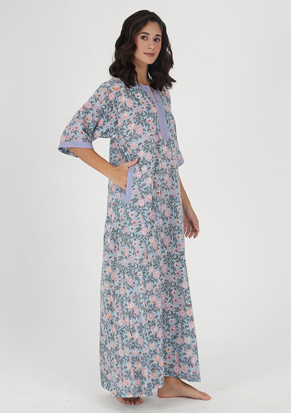 Blue Pink Floral Hand Block Printed Nighty Kaftan with Stitch Lines