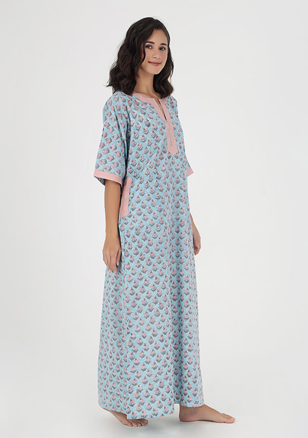 Blue Pink Flower Motif Hand Block Printed Nighty Kaftan with Stitch Lines