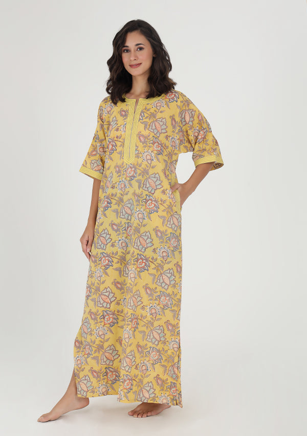 Yellow Grey Hand Block Printed Floral Nighty Kaftan with Stitch Lines