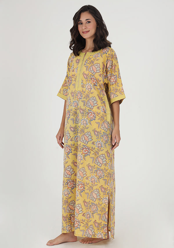 Yellow Grey Hand Block Printed Floral Nighty Kaftan with Stitch Lines