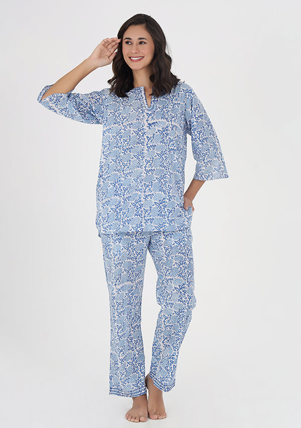 Blue White Floral Hand Block Printed Cotton Night Suit