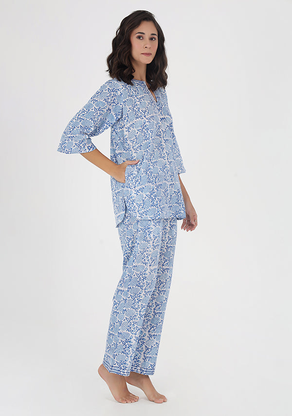 Blue White Floral Hand Block Printed Cotton Night Suit