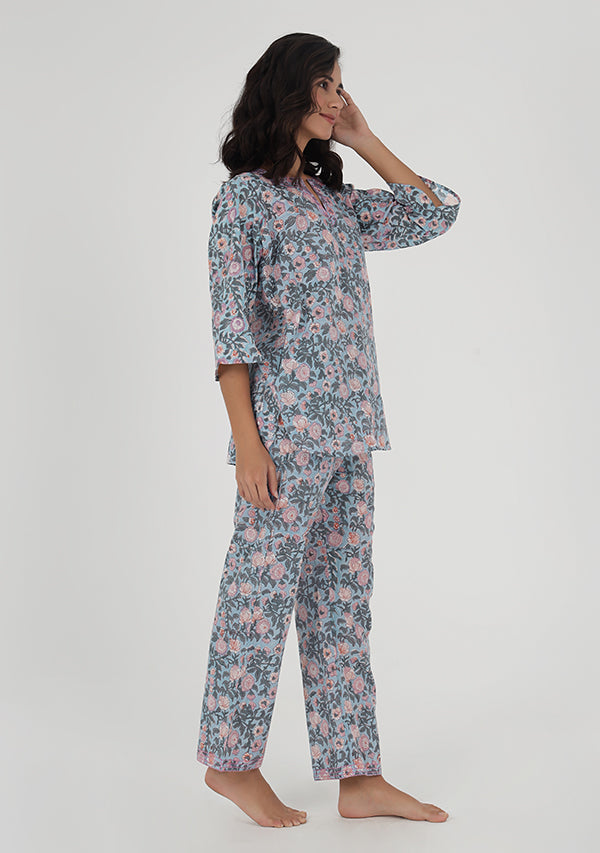 Blue Green Floral Hand Block Printed Cotton Night Suit