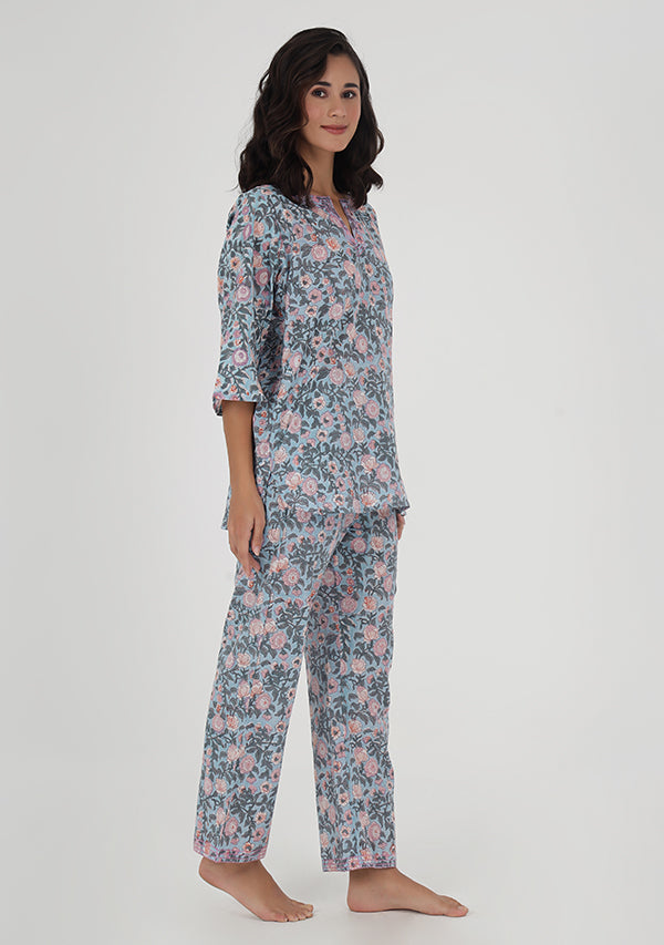 Blue Green Floral Hand Block Printed Cotton Night Suit