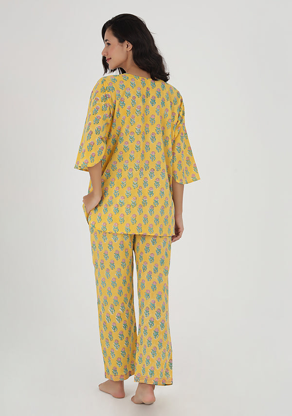 Yellow Pink Flower Motif Hand Block Printed Cotton Night Suit