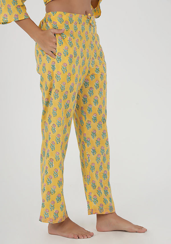 Yellow Pink Flower Motif Hand Block Printed Cotton Night Suit