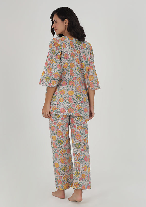 Grey Multicolor Floral Hand Block Printed Cotton Night Suit