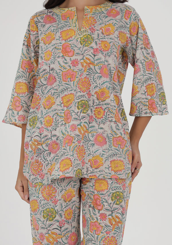 Grey Multicolor Floral Hand Block Printed Cotton Night Suit