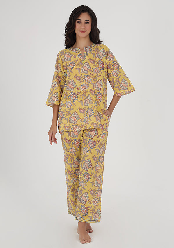 Yellow Grey Floral Hand Block Printed Cotton Night Suit