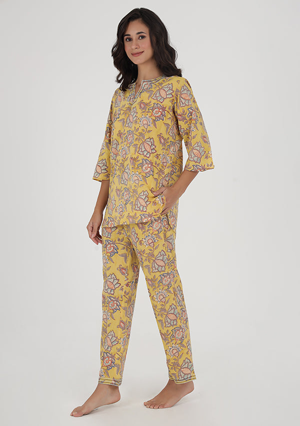 Yellow Grey Floral Hand Block Printed Cotton Night Suit