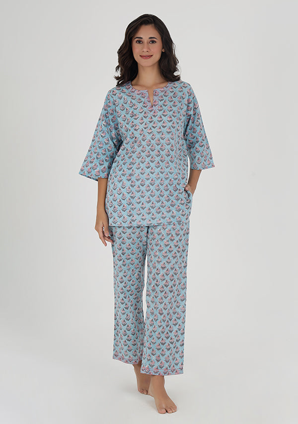 Blue Pink Flower Motif Hand Block Printed Cotton Night Suit
