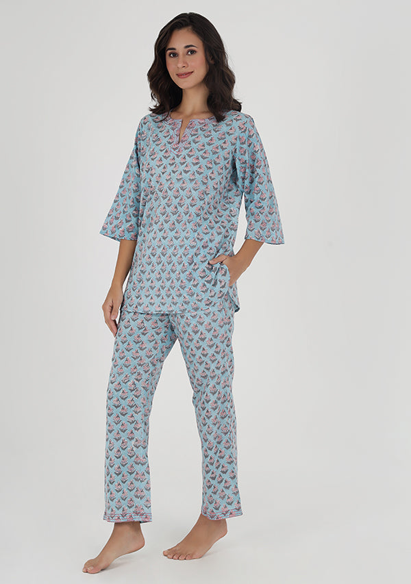 Blue Pink Flower Motif Hand Block Printed Cotton Night Suit