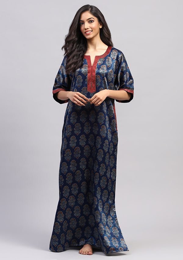Blue Red  Floral Mushru Luxury Nighty Kaftan with Stitch Lines