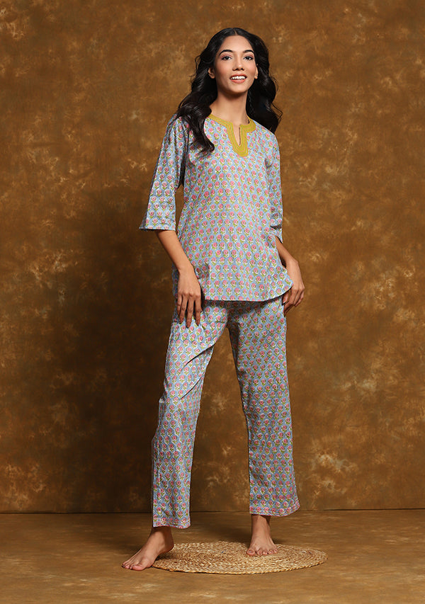 Sky Blue  Pink Flower Motif Hand Block Printed Cotton Night Suit with Gold Trimmings