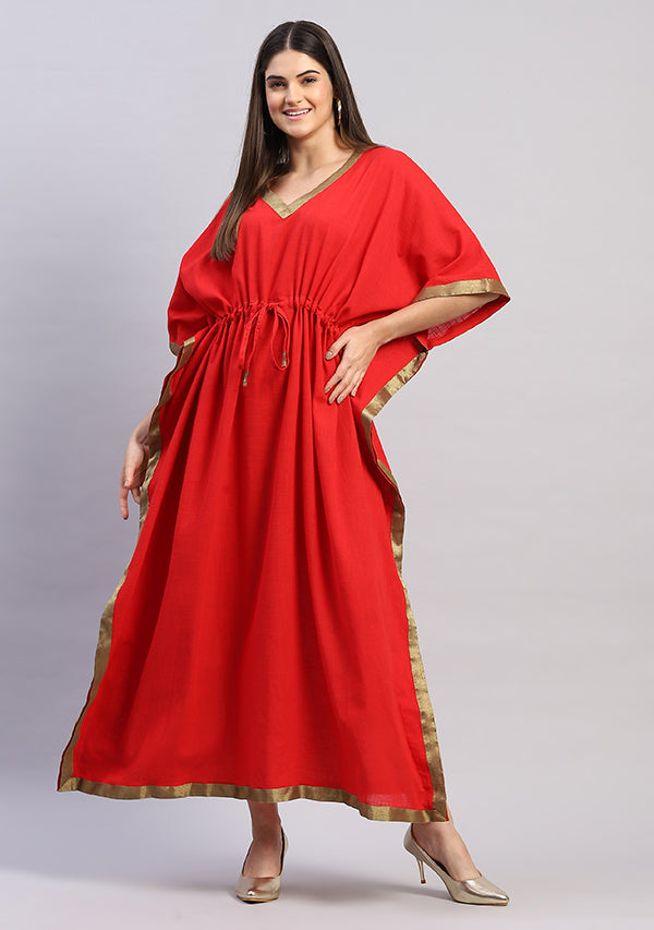Red Cotton Kaftan with Gold Trimmings
