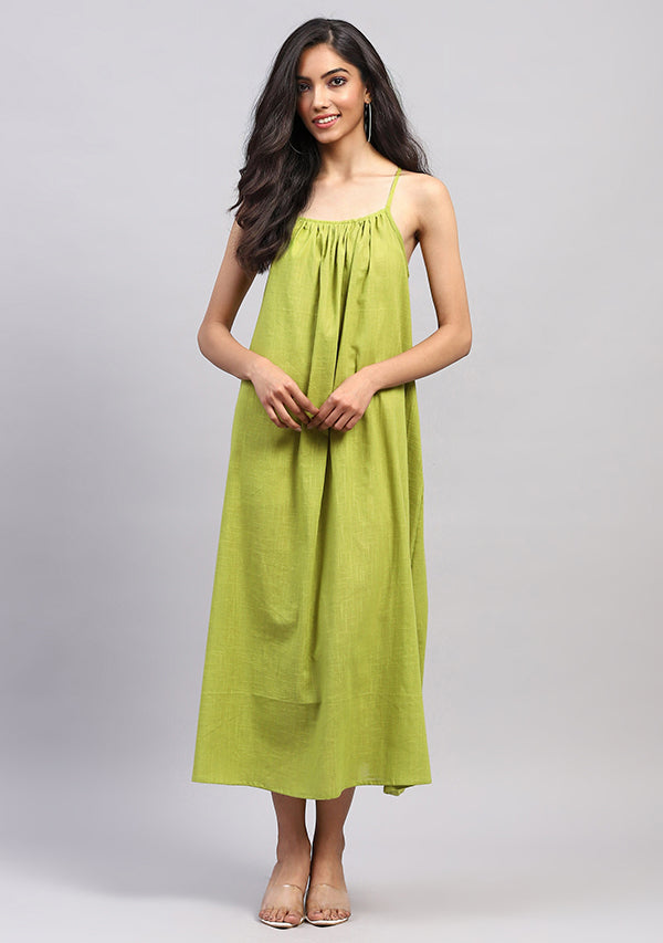Olive Green Sleeveless Cotton Strap Dress