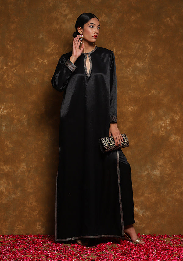 Black Long Mushru Kurta with Gold Trimmings (TOP ONLY)