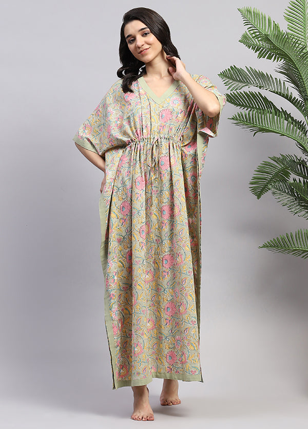 Soft Green Pink Floral Hand Block Printed Tie-Up Waist Cotton Kaftan