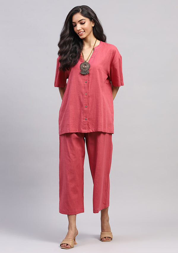 Peach Front Open Cotton Co-ord Set With Pants