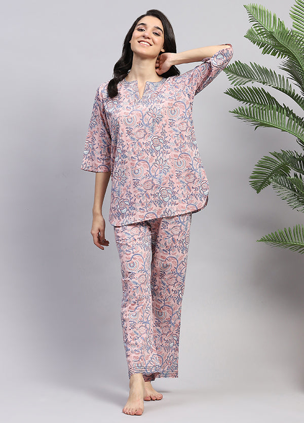 Pink Smoke Blue Floral Hand Block Printed Cotton Night Suit