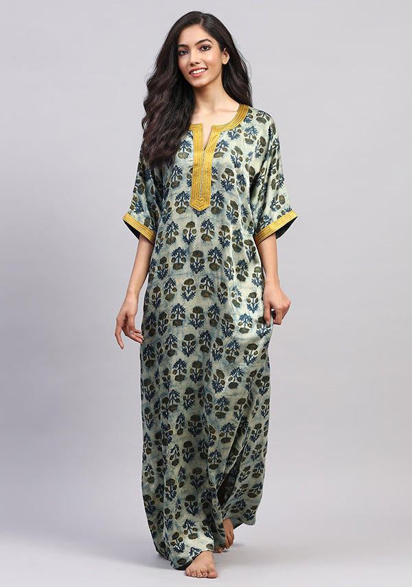 Yellow Blue  Floral Modal Luxury Nighty Kaftan with Stitch Lines