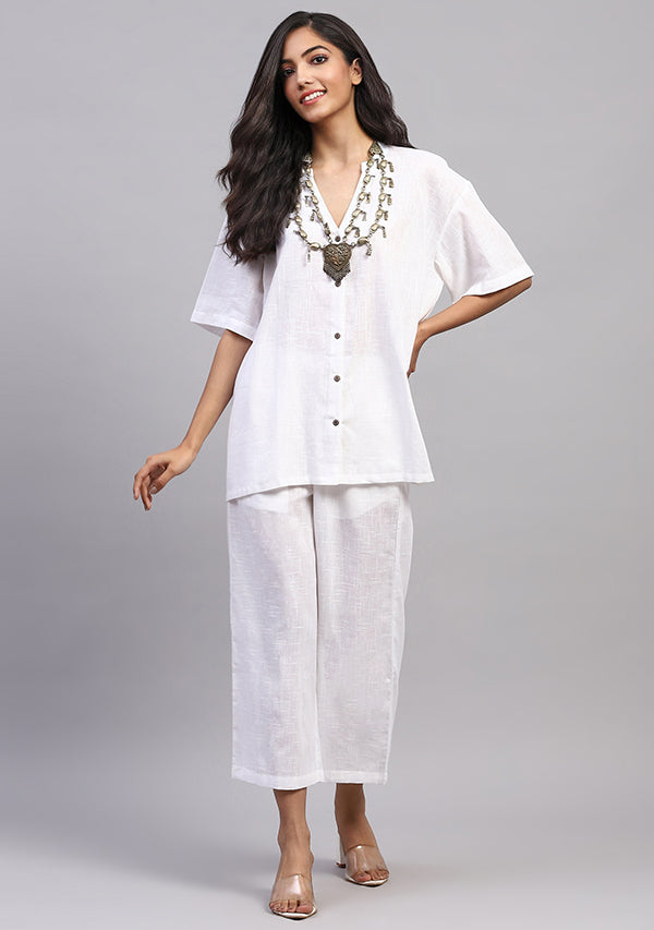 White Front Open Cotton Co-ord Set With Pants