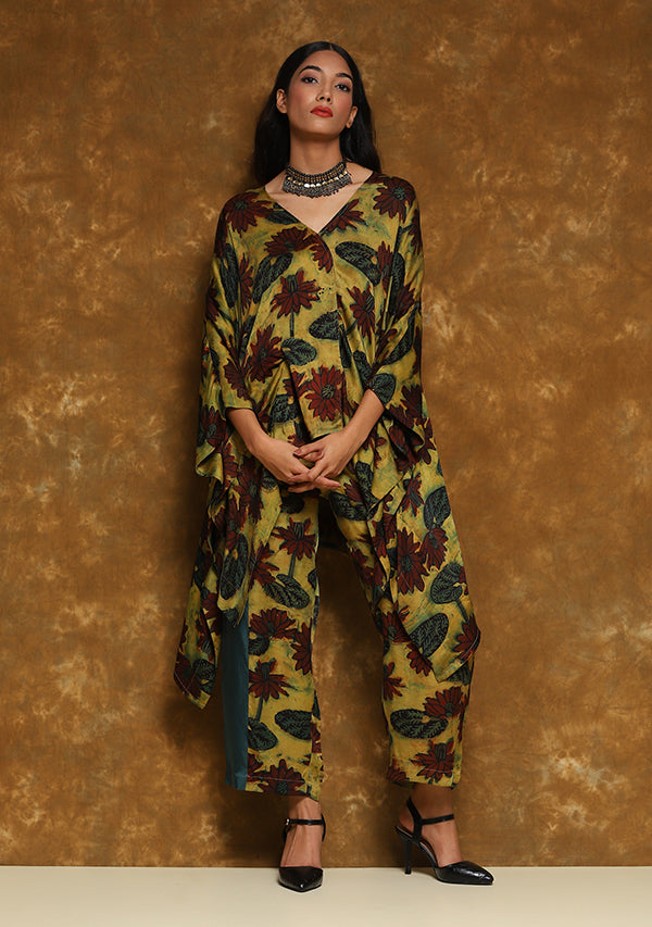 Mustard Green Hand Block Printed Asymmetric Modal Co-ord Set