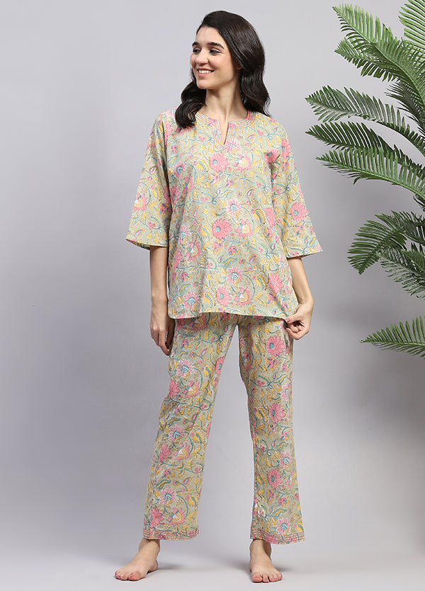 Soft Green Pink Floral Hand Block Printed Cotton Night Suit