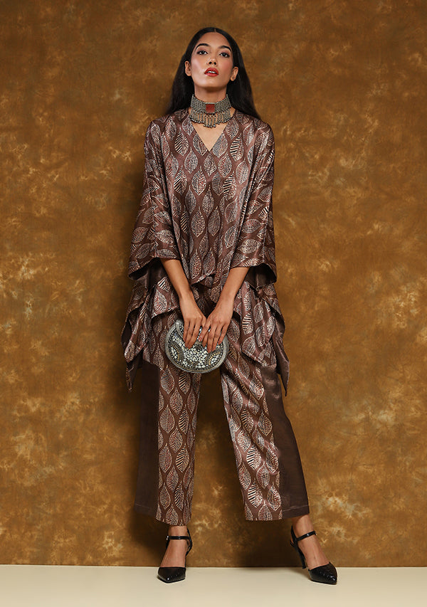 Brown Red Hand Block Printed Asymmetric Mushru Co-ord Set