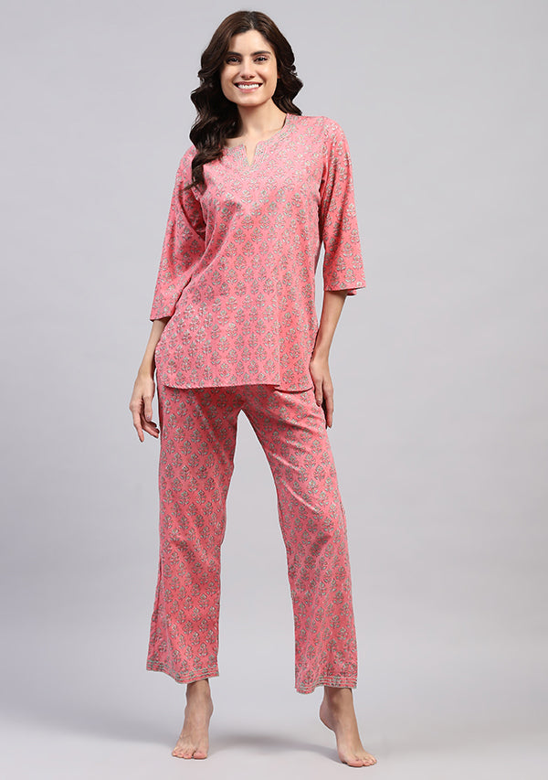 Pink Green Floral Hand Block Printed Cotton Night Suit with Trimmings
