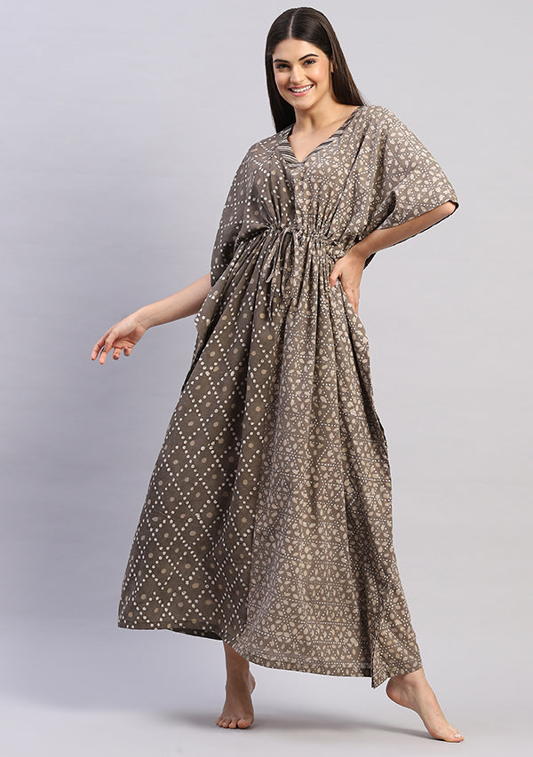 Grey Beige Hand Block Printed Tie-Up Waist Cotton Kaftan