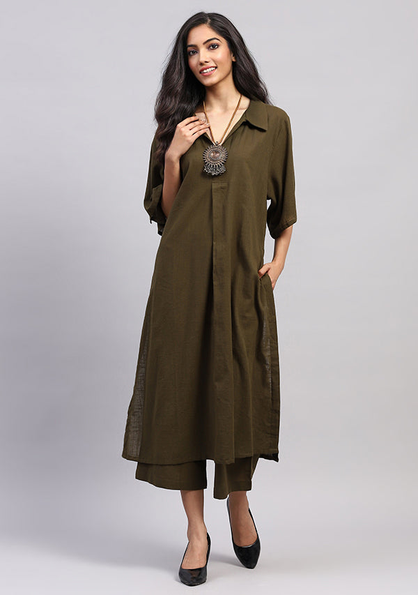 Military Green Collared Co-ord Set With Pants