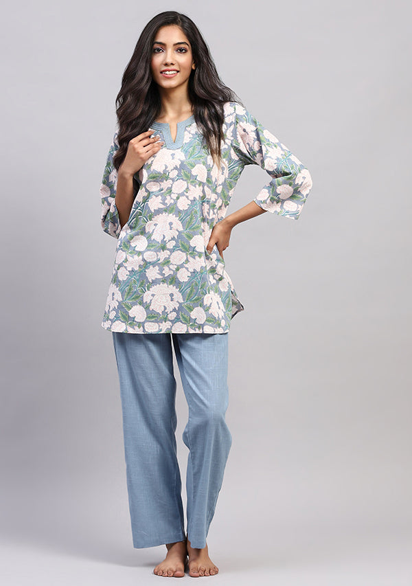 Smoke Blue Pink Hand Block Printed Floral Cotton Night Suit